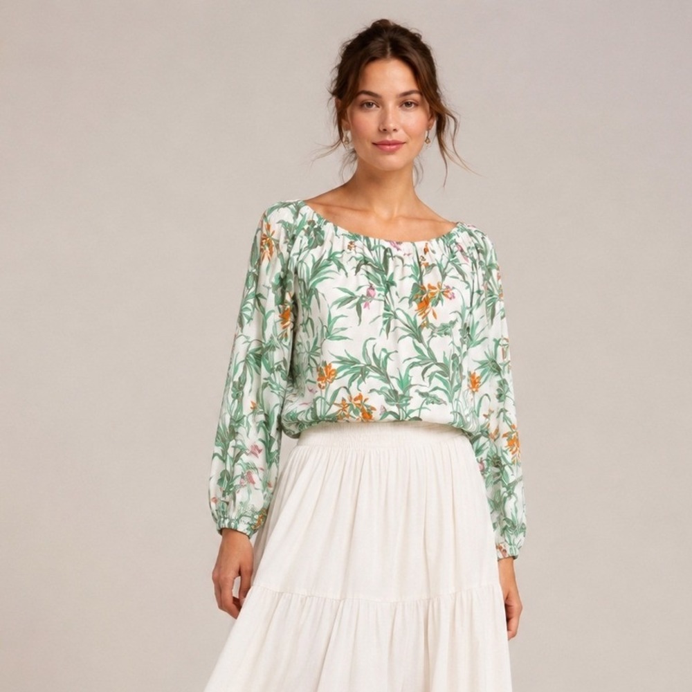 Anthropologie Floral Tropical Bird Print Peasant Blouse XS Green Summer Resort